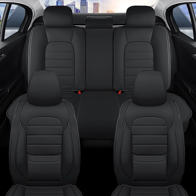 COVER EMPIRE Car Seat Covers Full Set, 5Pcs Universal Leather Seat Covers for Cars, Waterproof Front and Rear Seat Covers Breathable Automotive Vehicle Seat Cover for Most Trucks, SUVs, Sedans, Black