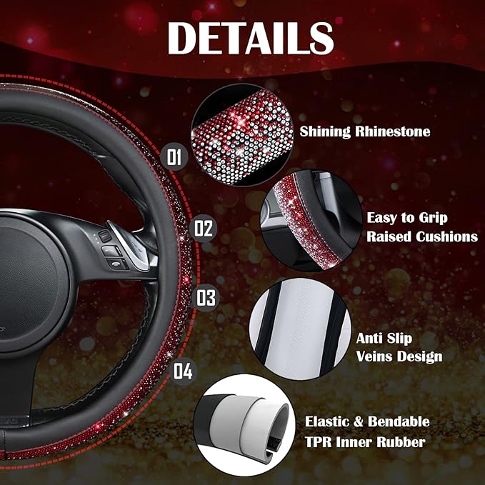 CAR PASS Bling Diamond Leather Steering Wheel Cover, Bling Sparkly Crystal Glitter Rhinestones Universal Fit 14" 1/2-15" Car Wheel Protector for Women Girl Fit Suvs,Vans,Sedans,Trucks, Red Silver