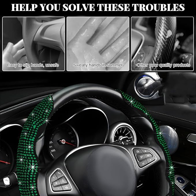 2 PCS Steering Wheel Cover, Segmented Car Wheel Covers with Crystal Rhinestones, Non-Slip Protector Bling Sparkly Decoration for Most Steering Wheels, Car Accessories (Green)