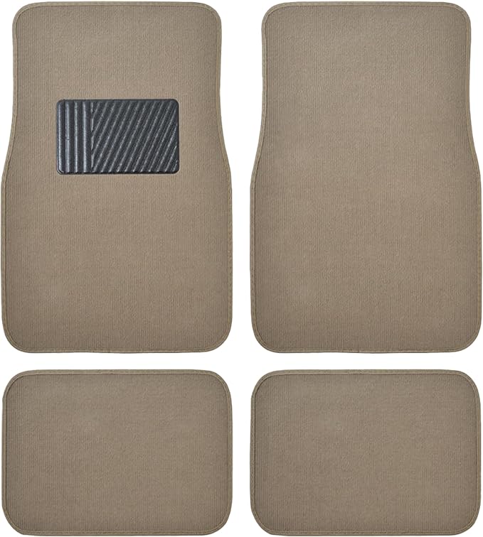 BDK Premium Medium Beige Carpet Floor Mats for Cars - Universal Fit Interior 4-Piece Car Mats Full Set with Vinyl Heel Pad Protector - Cute Car Accessories Interior Floor Covers for SUVs & Trucks
