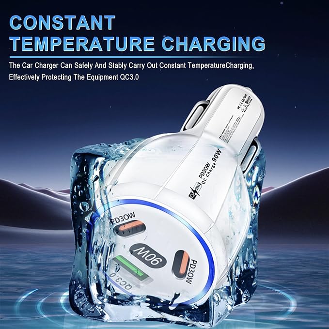 Amiss Car Charger Adapter, 3 Port USB-C & USB-A 90W Fast Charger, Car Interior Accessories, Essential Travel Gifts for Men and Women, Fit for iPhone 17/16/15/14/13Pro Max, Samsung, Android (White 2pc)