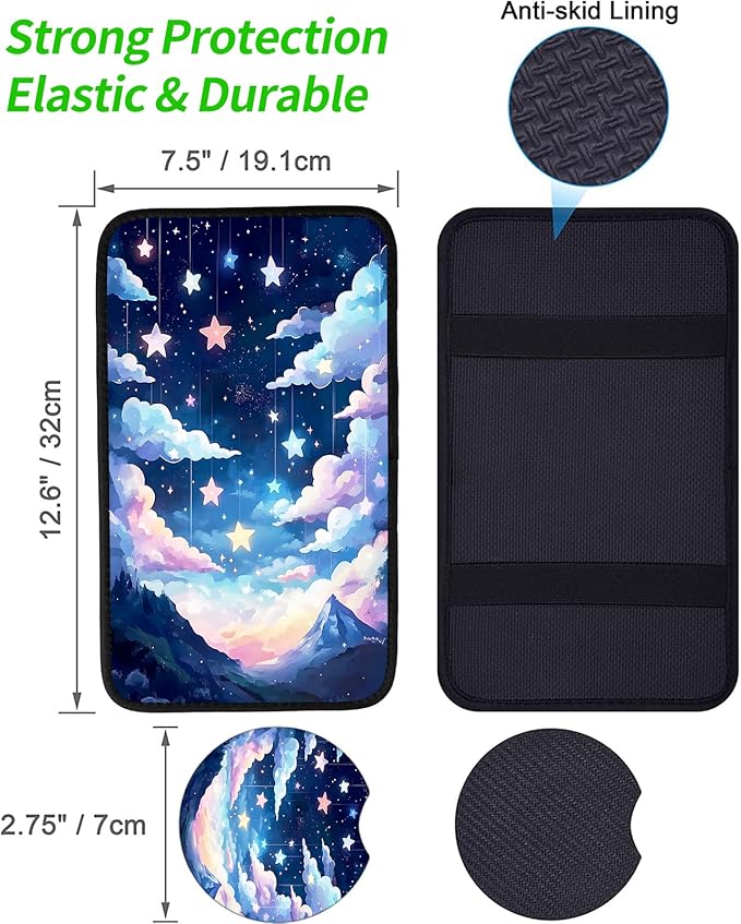JANENFNA Car Armrest Cover Pads Universal Fashion Cute Auto Center Console Armrest Cover Pad with 2PCS Car Coasters Soft Waterproof Car Armrest Seat Protector for Women,Colorful Nebula