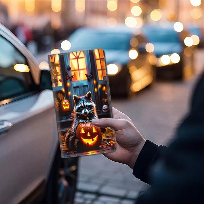 Car Registration Holder, Waterproof PU Leather Vehicle Card Document Glove Box Organizer, Women Interior Auto Accessories Case for Cards, Driver License Car Insurance Holder, A Raccoon and Pumpkin