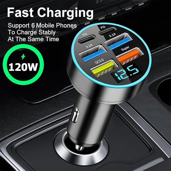 Super Fast Car Phone Charger, 6 in 1 USB Auto Charge Adapter with Voltage Monitor, Vehicle Interior Cigarette Lighter Charging Accessories, Universal for SUV Sedan Truck(2xPD)