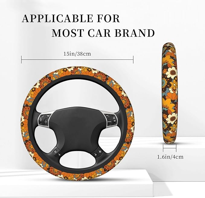 Bohemian Flowers Elastic Steering Wheel Cover, Non-Slip Breathable Neoprene Steering Wheel Covers, Women Car Accessories, Universal 15 Inch Fit Auto, Suvs, Truck
