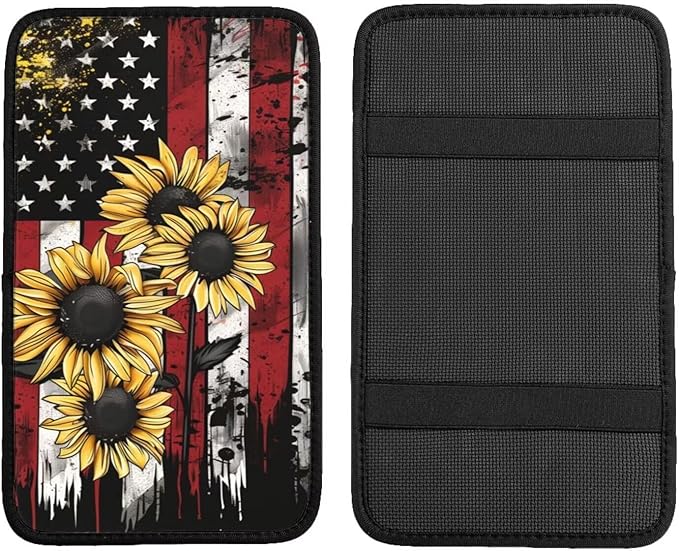 American Flag Car Center Console Cover Protector Vintage Sunflower Comfortable Armrest Covers Cushion Pads Patriot Star Stripe Cars Accessories