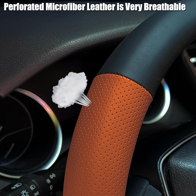 Mihecor Steering Wheel Cover Standard Size 14.5-15 inch, Non-Slip Car Wheel Cover Protector, Breathable Microfiber Leather, Black and Orange