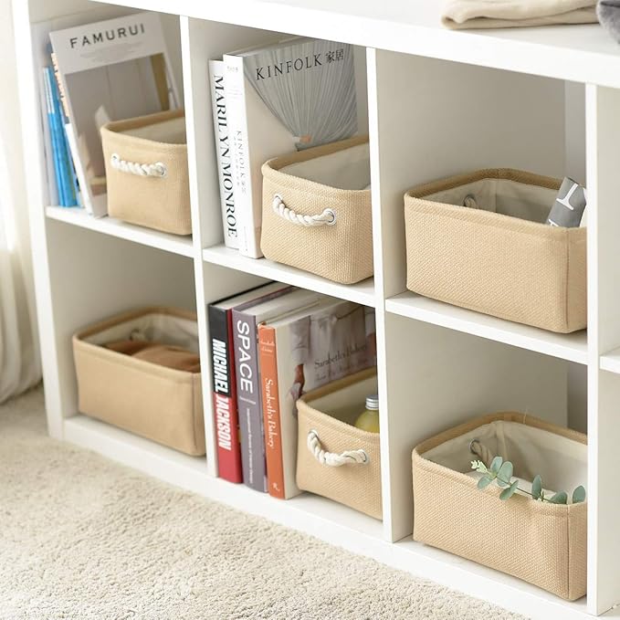 TheWarmHome Storage Basket for Organizing - Small 6 Pack 11.8x7.8x5.2 inch Fabric Storage Cubes with Cotton Rope Handle, Collapsible Storage Bins Baby Storage Toy Nursery (Beige)