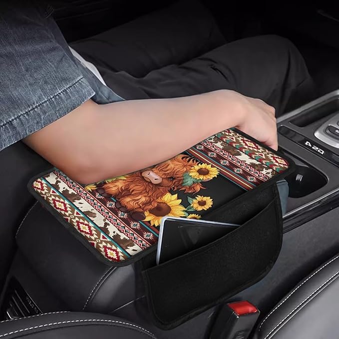 Boatee Cow Sunflower Automotive Armrests Universal Arm Rest Cover for Car Navajo Center Console Pad with 2 Storage Bags Car Console Organizer Car Interior Decor Auto Interior Protection Brown
