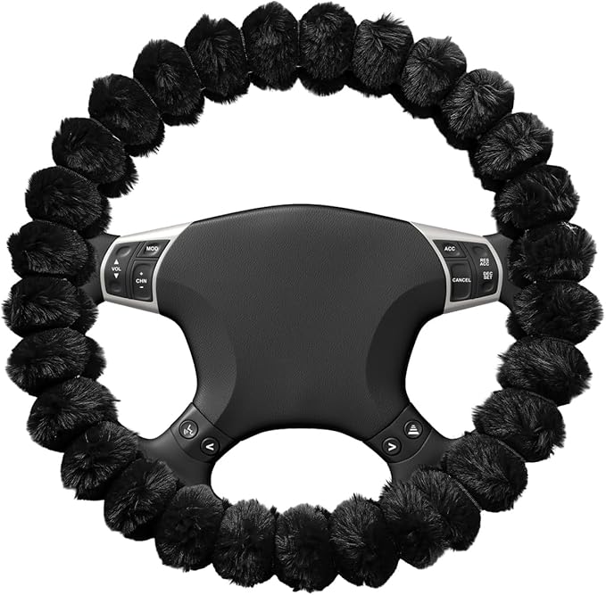 Fluffy Car Steering Wheel Cover, 14.5-15 Inches Anti-Slip Plush Fuzzy Steering Wheel Protector, Soft Warm Steering Wheel Cover Interior Decor for Women Girl, Car Accessories (Black)