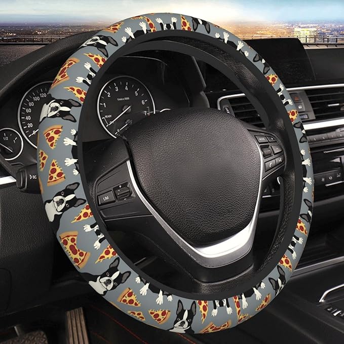 Grey Boston Terrier Pizza Universal Fit Steering Wheel Cover for Car, Truck, and SUV, Durable Steering Wheel Protection