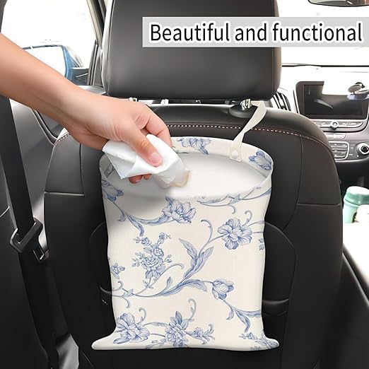 AUEKLLW Car Trash Can, Hanging Garbage Bin for Men and Women, Cute Car Organizer and Storage Bag, Canvas Vehicle Trash Can Bag Easy-to-Install Cute Blue Floral