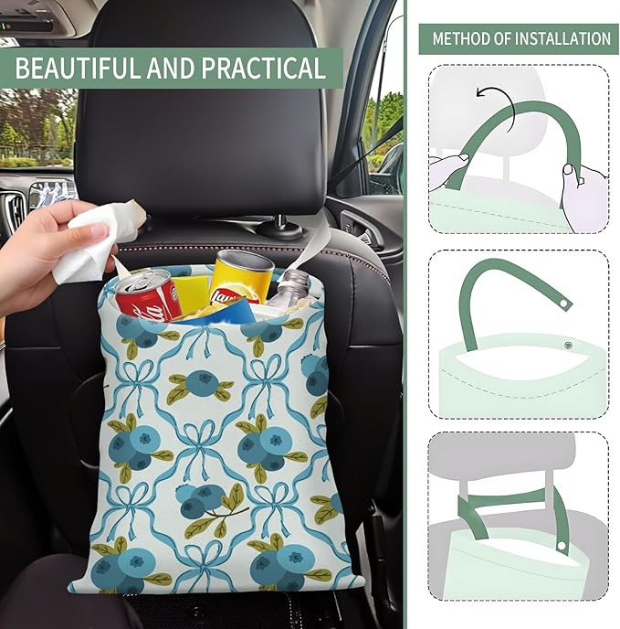 Cute Car Trash Can, Hanging Canvas Car Back Seat Organizer and Storage Bag, Funny Car Trash Bag for Travelling, Outdoor Cute Blueberry