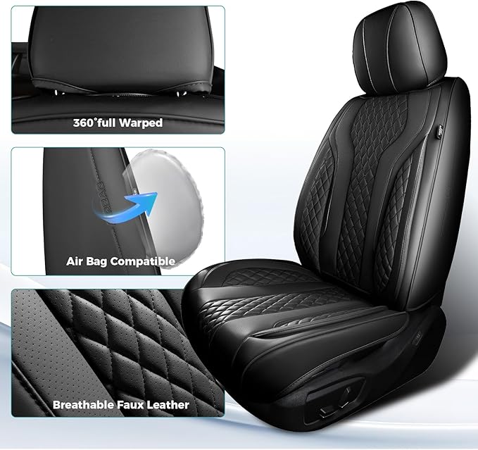 FEINEPRO Leather Car Seat Covers Full Set, Breathable Faux Leather Seat Covers for Cars SUV Sedan Waterproof Black