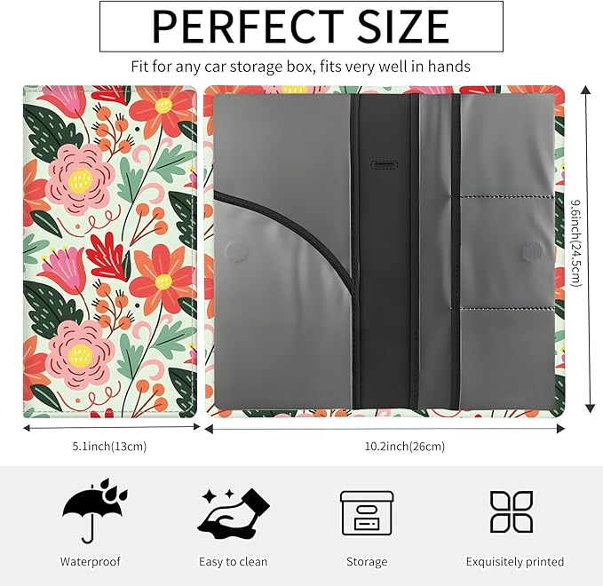 BAUCIWLD Premium Car Registration and Insurance Card Holder, Cute PU Leather Car Document Holder, Vehicle Glove Box Car Organizer with Magnetic Closure for Driver License, Cards Bright Exotic Floral