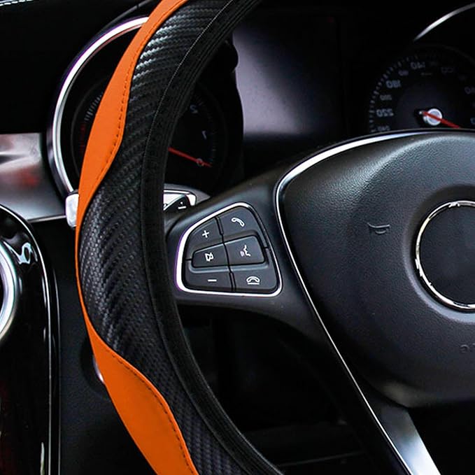 Car Steering Wheel Cover, 15 inch Carbon Fiber Microfiber PU Leather Elastic Steering Wheel Protector for Men Women, Anti-Slip Breathable Car Interior Accessories for Most Cars (Orange)