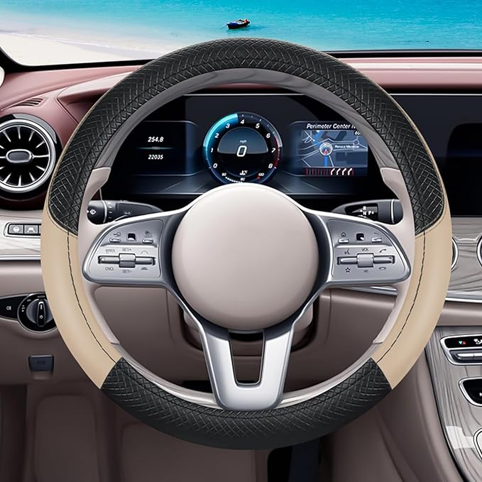 Black & Beige Car Steering Wheel Cover, Microfiber, Leather Patchwork, Universal 14.5-15 Inch Leather Anti-Slip Breathable Auto Steering Wheel Covers for Men Women