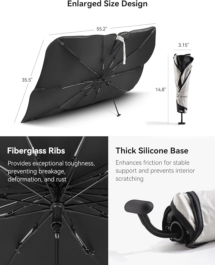 TPARTS Windshield Sun Shade Umbrella for Tesla Model Y/3/S/X 2017-2025, Full-Size Foldable UV Ray Reflector with Fiberglass Ribs & 360° Bendable Handle Car Interior Windshield Cover (54" L x 35" W)