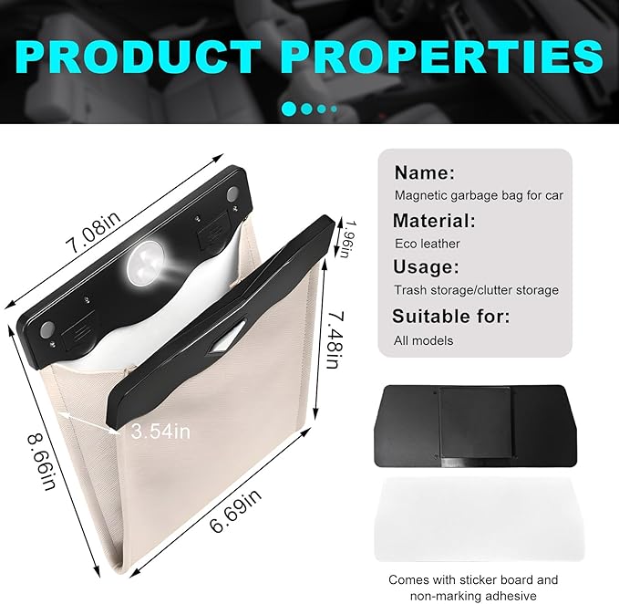 Car Hanging Trash Can, Magnetic Closure LED Light Auto Trash Bag Storage Pocket, Collapsible Waterproof Leather Hanging Trash Can with Disposable Trash Bag, Car Accessories (Beige)