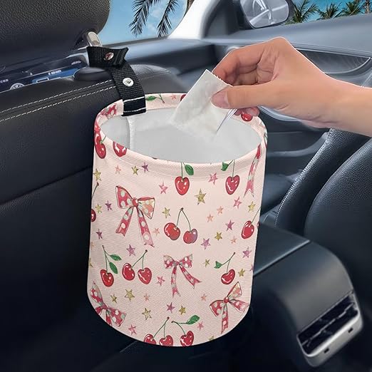 Brosoneto Car Trash Can Pink Cherry Bow Collapsible Portable Small Car Garbage Bin for Front Seat, Back Seat, Floor, Headrest Rubbish Bin Universal for SUV Trucks