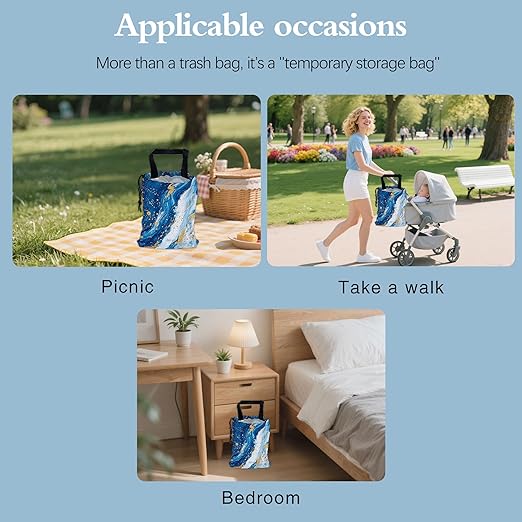 Blue Glitter Marble Car Garbage Bag,Small Car Trash Bag Hanging Back of Seat,Drawstring Car Trash Bag with Adjustable Buckle,Car Accessories for Camping Travelling