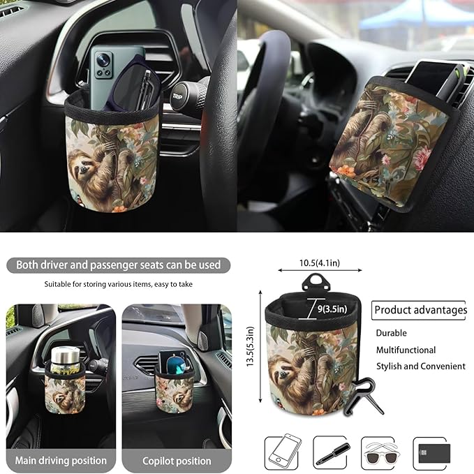 Sloth Butterfly Flower Printed Car Accessories Sets, Universal Front and Rear Split Bench Seat Covers for Cars with Matching Steering Wheel Cover Trash Can Air Vent Storage Bag Coaster