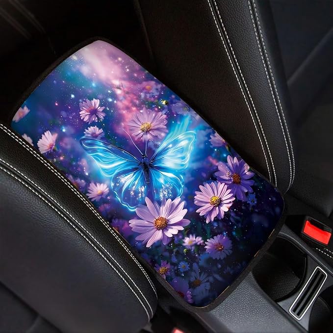 Blue Butterfly Auto Armrest Console Cover Arm Rest Cover Car Soft Car Console Covers Protect from Pet Claws for Most Vehicle, SUV, Truck, Cars