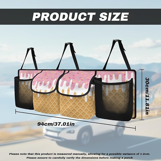 CLOHOMIN Ice Cream Car Trunk Organizer Fashion Car Trunk Mesh Storage Large Capacity Backseat Hanging Organizer Collapsible Cargo Storage Organizer with 4 Pockets Gifts for Friends
