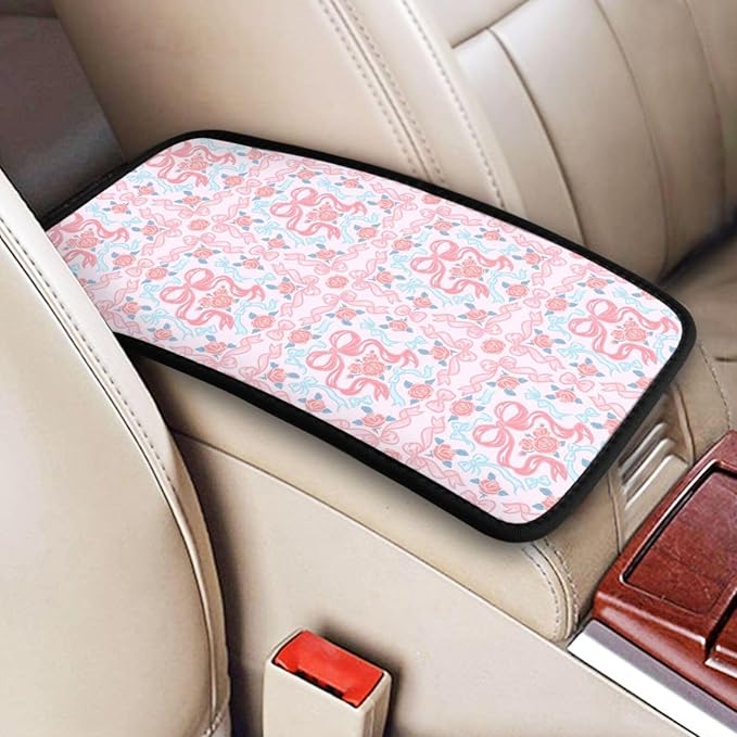 Rose Pink Bows Center Console Cover Pad,Car Armrest Seat Box Cover Cushion Universal for Most Vehicle SUV Truck,Car Interior Accessories Decor,Protect from Pet Claws & Dirt