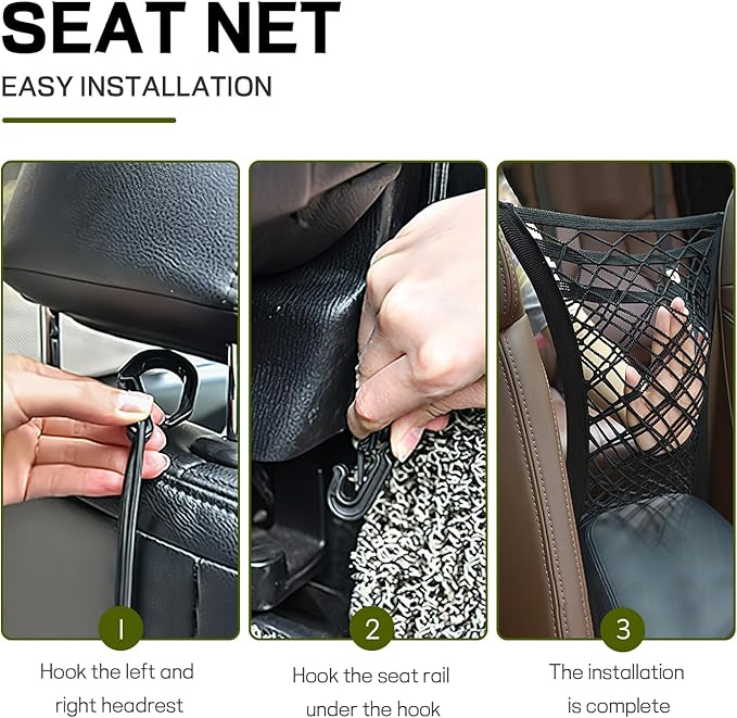 3-Layer Car Mesh Organizer, Kid Dog Pet Net Barrier Between Front Seats, Elastic Tissue Purse Holder Driver Storage Netting Pouch, Universal Stretchable Car Seat Mesh Bag