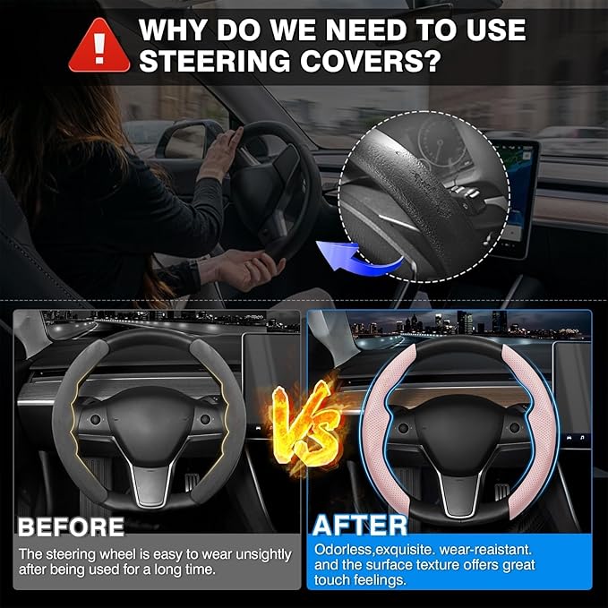 Shademax Custom-Fit for Tesla Steering Wheel Cover, Tesla Model Y / 3 2017-2025 (Fit Model Y Juniper 2026/ Model 3 Highland) Carbon Fiber Steering Wheel Cover for Tesla Model Y / 3 Accessories (Pink)