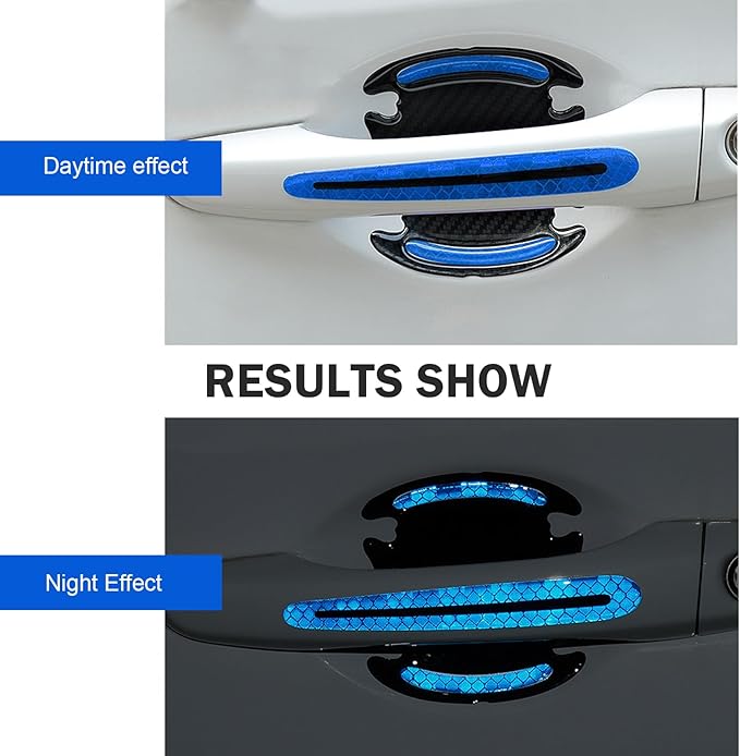 8PCS 3D Carbon Fiber Car Door Handle Protector Sticker, Universal Auto Door Handle Anti Scratch Cover Guard, Car Outdoor Safety Reflective Strips, Paint Guard Protective Films(Blue)