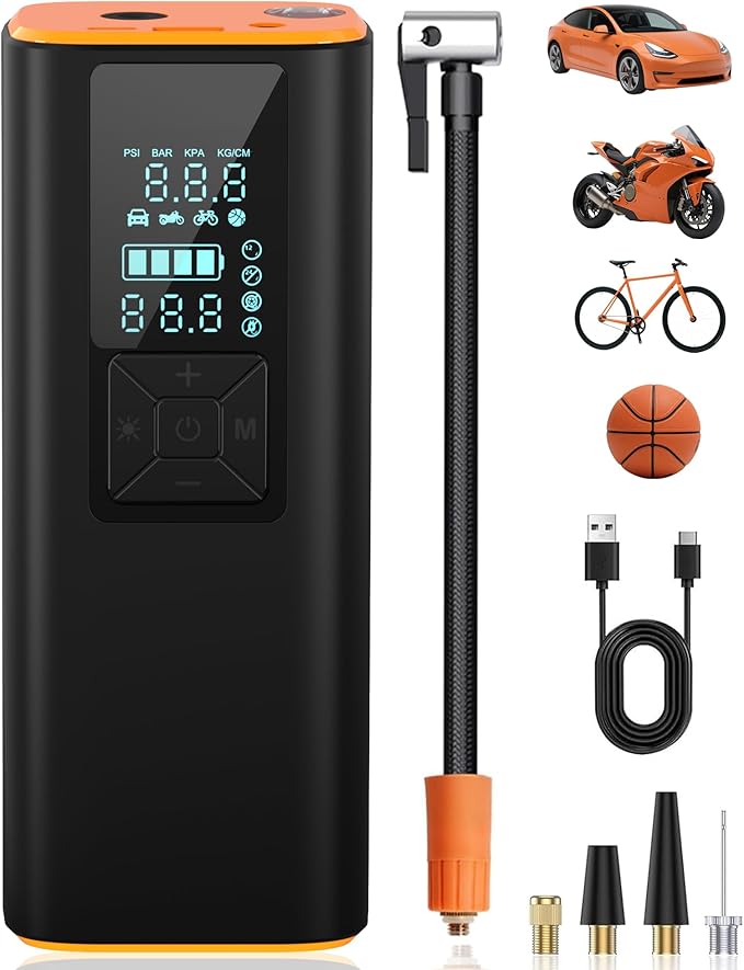 Tire Inflator Portable Air Compressor 150PSI, Extra-Long Battery Life, Auto Shut Off Air Pump for Car Tires, LCD Display with 4 Modes, LED Light Emergency Use for Car Motorcycle Bike Ball