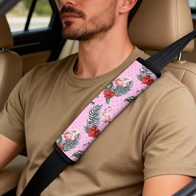 Qeluxign Car Seat Covers Full Set Flamingo Tropical Floral Universal Fit Auto Front Seat Covers and Seatbelt Pads Armrest Cushion Gifts for Women Protect Your Car Interior