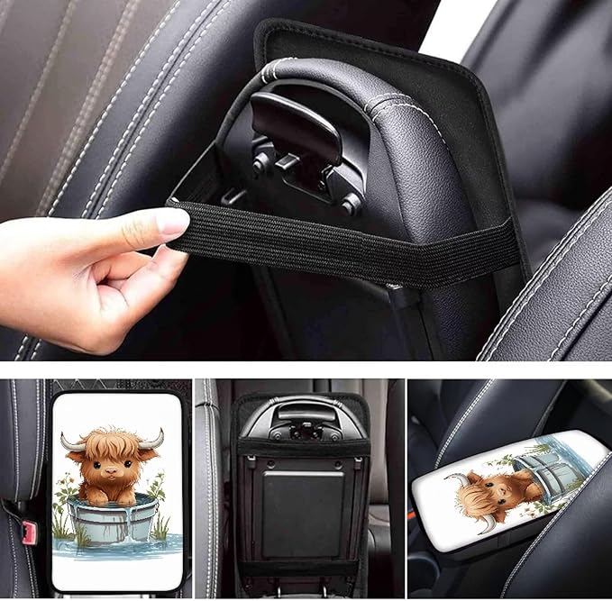 Cute Highland Cow Car Console Covers Armrest Console Cover Soft Car Center Console Cover Accessories Protect from Pet Claws Universal Cars Interior Accessories Decoration