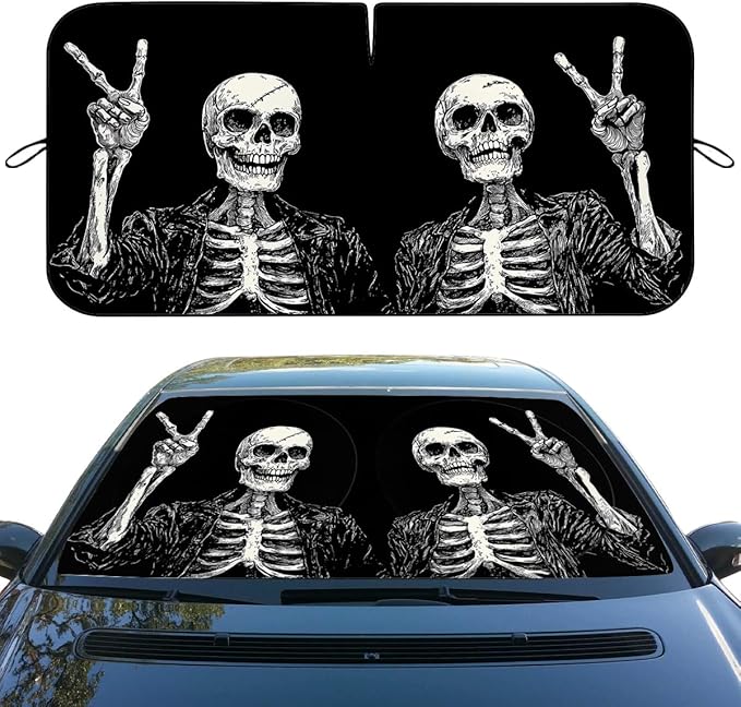 Funny Skull Car Windshield Sunshades Retro Rock Gesture Skull Halloween Front Window Sun Shade Blocks UV Rays Sun Visor Protector for Car Sedan Truck SUV Accessories 59" L x 31.5" W