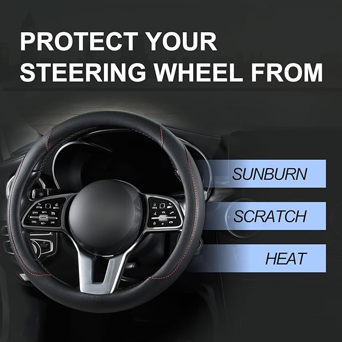 Car Steering Wheel Cover, Microfiber Leather Steering Wheel Cover Universal Fit 14.5-15 inch Anti-Slip Comfortable Breathable Car Wheel Protector for Men Women,Black