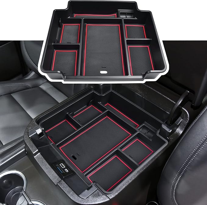 EDBETOS Center Console Organizer Tray for 2021-2025 Chevy Tahoe/Suburban and 21-2024 GMC Yukon Accessories, Fit Standard Console with Charging Socket Only, NOT for Power Sliding Console, Red