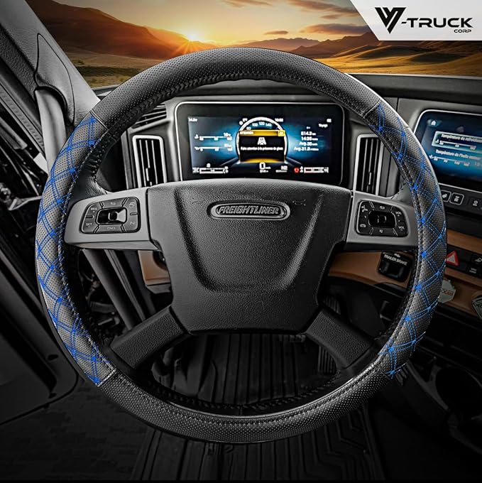 Genuine Leather Steering Wheel Cover for Semi Truck – 18" X-Large, Diamond Stitching, Anti-Slip Grip, Fits 18 Inch Wheels for Big Rig, RV & 18 Wheeler Trucks (Black/Blue)