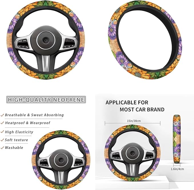Flower 6pcs Car Accessories for Women Chrysanthemum Print Steering Wheel Cover Car Armrest Cover Handbrake Coer Auto Interior Sets
