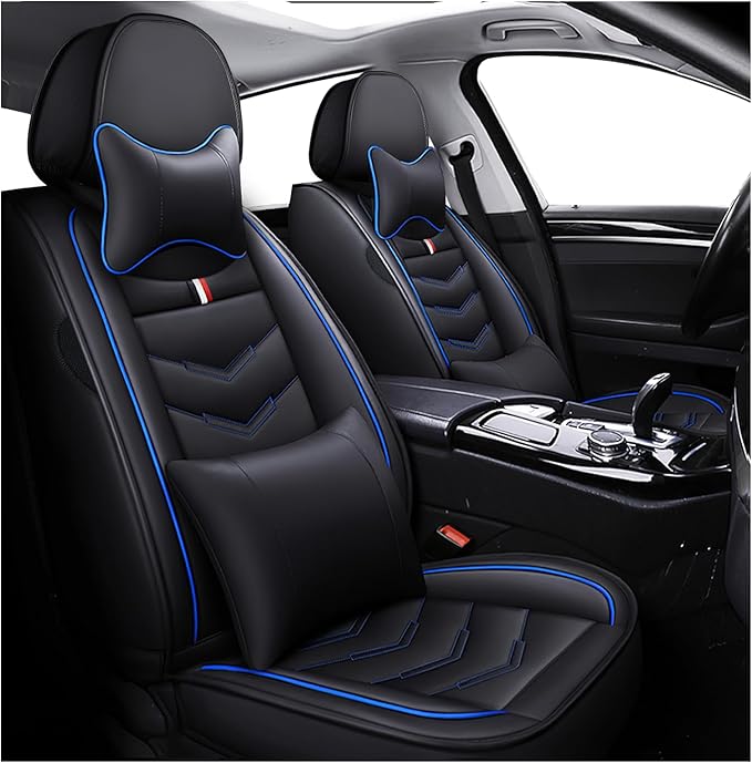 MVRVMV Luxury Car Seat Covers for Toyota Highlander 2013-2026, Nappa Leather Auto Seat Cover with 2 Neck Pillows and 2 Lumbar Supports (2 Seat Luxury, Black-Blue)