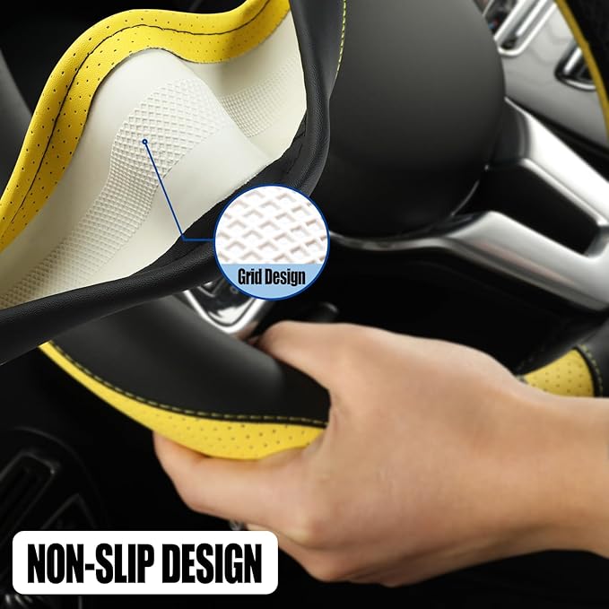 Binsheo Microfiber Leather D Shaped Steering Wheel Cover, Breathable, Anti Slip, Universal 15 inch, Black with Yellow
