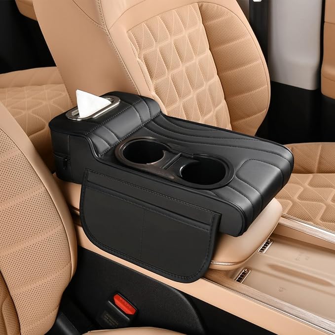 Upgrade Multifunctional Car Armrest Cushion,Center Console Cover with 2 Cup Holder,Arm Rest Cover for Car,Car Armrest Storage Box, Car Accessories Center Console Organizers for Most Cars