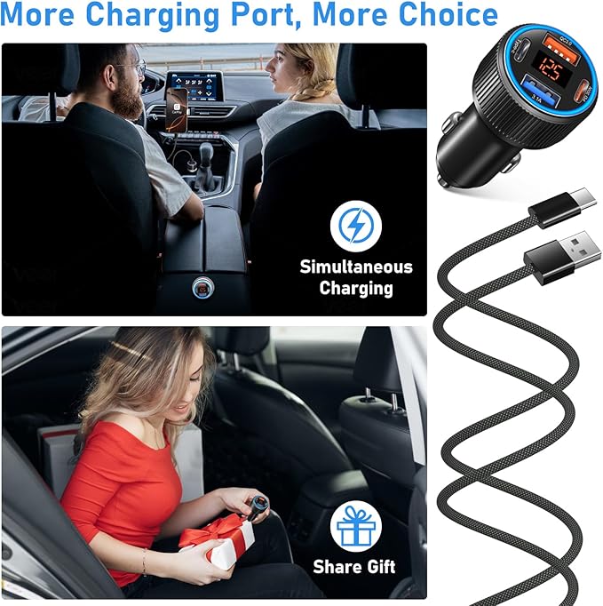 65W 4 Port Super Fast Type C Car Charger for Samsung S25 S24 S23 Ultra A53 A16, Multi Port PD/QC 3.0 Fast Charging Cigarette Lighter USB Charger with Voltage Meter++4 Pack USB C Cables