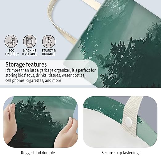 AUEKLLW Car Trash Can, Hanging Garbage Bin for Men and Women, Cute Car Organizer and Storage Bag, Canvas Vehicle Trash Can Bag Easy-to-Install Cute Green Mountain