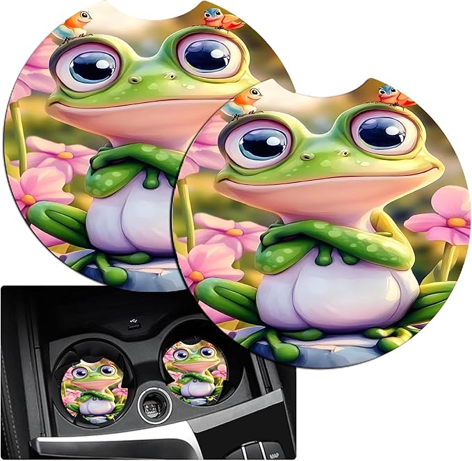 JANENFNA Car Armrest Cover Pads Universal Fashion Cute Auto Center Console Armrest Cover Pad with 2PCS Car Coasters Soft Waterproof Car Armrest Seat Protector for Women,Pink Flower Frog