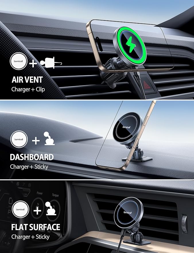 Lamicall 15W for MagSafe Car Mount Charger - [20X Strong Magnets] Wireless Car Phone Holder Charger, Magnetic Phone Holders for Car Vent Dash Accessories for Women Men for iPhone 17 Air Pro Max Silver