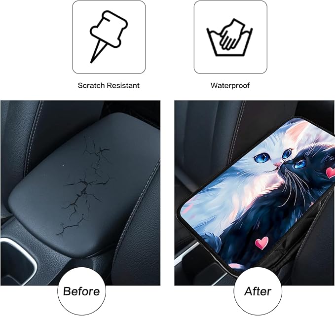 JANENFNA Car Armrest Cover Pads Universal Fashion Cute Auto Center Console Armrest Cover Pad with 2PCS Car Coasters Soft Waterproof Car Armrest Seat Protector for Women,Cat Couple