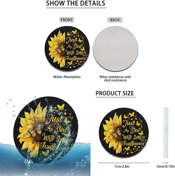 Sunflower Car Accessories for Women 6 PCS Steering Wheel Cover Black Sunflower Cup Coaster Car Armrest Cover Fits Most Cars Trucks Vans and SUV