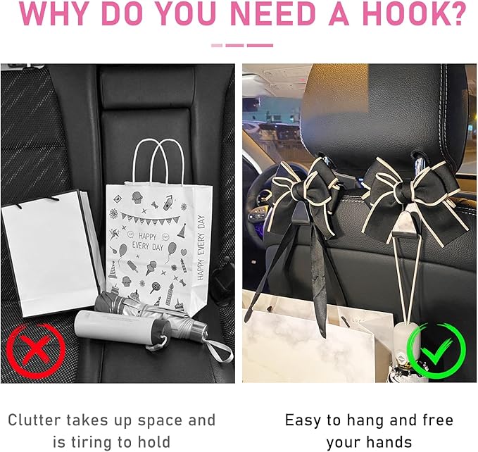 2 PCS Car Seat Headrest Hook, Cute Bow Knot Auto Seatback Hanger Storage Organizer, Vehicle Back Seat Hanging Hooks for Purse Coat Umbrella, Interior Decor Car Accessories (Black)